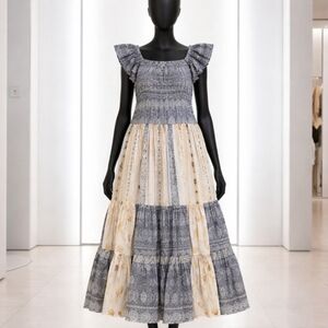 Nema Resort Wear Boho Tiered Maxi Dress in Gray and Cream with Flutter Sleeves